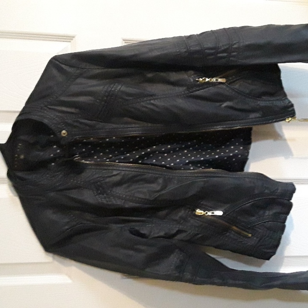 Faux Leather dark Navy Moto Jacket Bought in Italy - Quality! Vegan Gold zip S - Picture 4 of 15